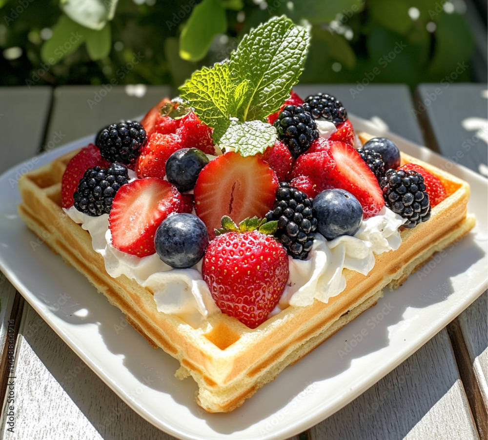 A square waffle with white cream and fruit, placed on an outdoor table at the summer park, On top of the waffle,strawberries, blueberries, grapes, and sliced peaches.