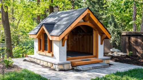 custom-built dog house featuring a unique architectural design with a small front porch and a cozy interior made with soft, comfortable materials.