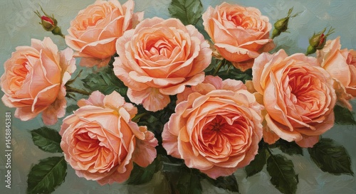 Peachy roses in a still life arrangement.
