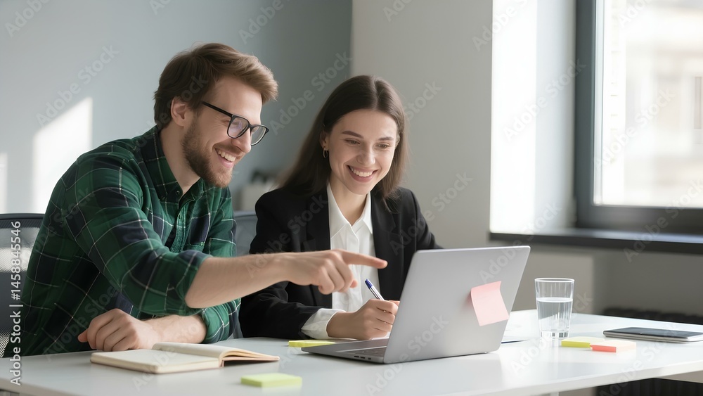 Two colleagues collaborating on a laptop in office discussing business strategy ideas Two colleagues collaborating on a laptop in office discussing business strategy ideas