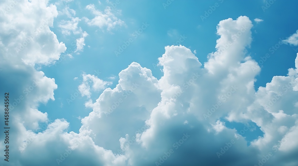 Naklejka premium Stunning view of fluffy cumulus clouds against a vibrant blue sky, creating a serene and peaceful atmosphere. Perfect for backgrounds or nature-themed projects. : Generative AI