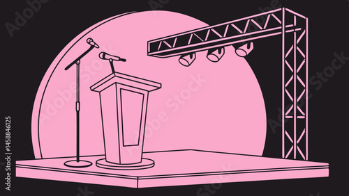 Vector of stage setup featuring podium, microphones, and stage lights against pink background, creating