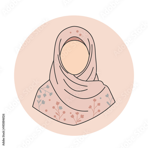 Flat vector icon of hijab in pastel tones with minimalist floral patterns  