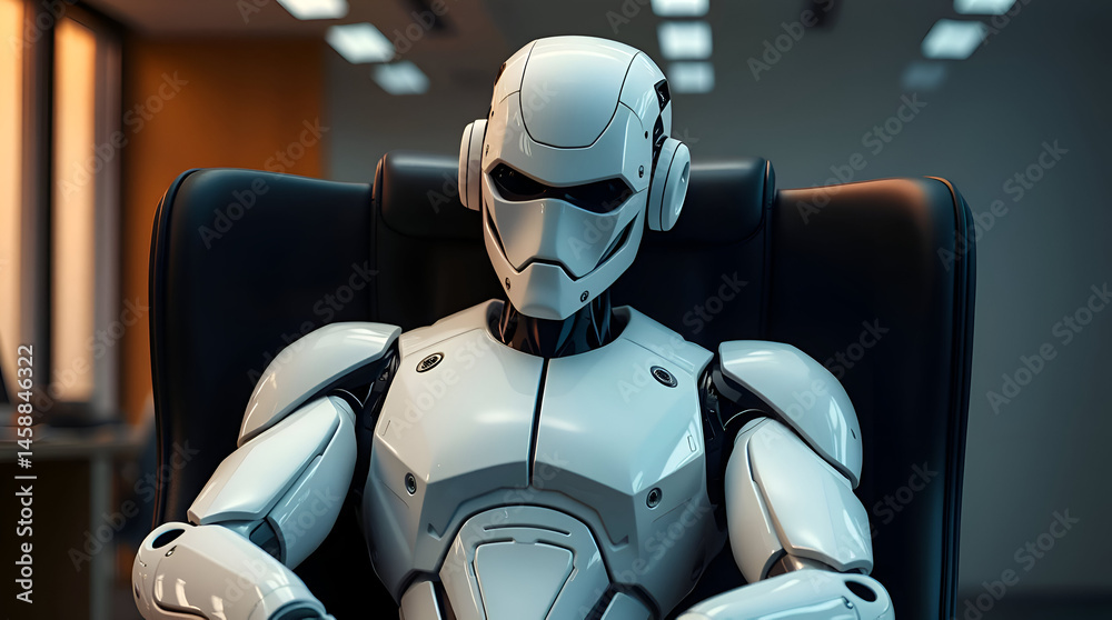A Humanoid White Robot as officers on Black Chair In Office, Robots in the Workplace, Generative Ai A Humanoid White Robot as officers on Black Chair In Office, Robots in the Workplace, Generative Ai