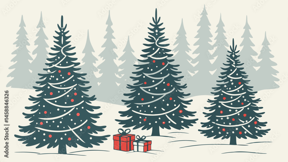 Fototapeta premium Vector Decorated Christmas trees with gifts create festive atmosphere in winter landscape