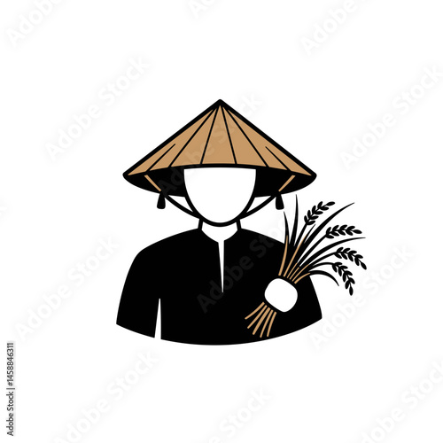 Southeast Asian farmer icon holding rice stalks against white background  