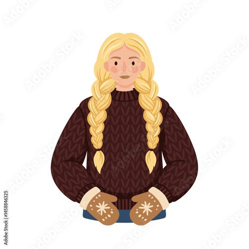 Scandinavian woman with blonde braids wearing a knitted sweater and mittens  
