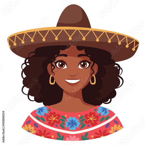 Latin American woman smiling in a floral dress and sombrero  