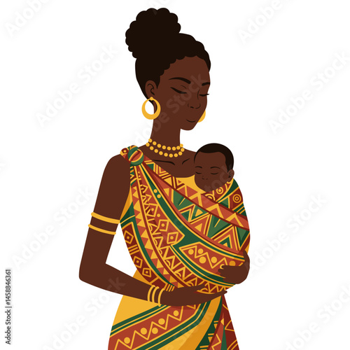 African mother carrying baby in kanga wrap flat vector icon  