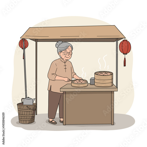 Asian Grandmother Selling Dumplings at Market Stall - Минималистская иллюстрация азиатской бабушки, продающей пельмени на рыночном прилавке  