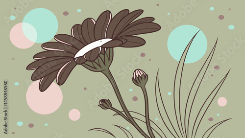 Vector chocolate brown gerbera daisy with white center stands out against soft green background, surrounded by colorful circles