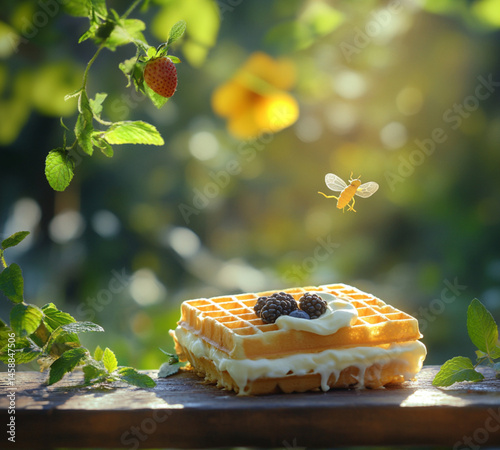 A square waffle with white cream and fruit, placed on an outdoor table at the summer park, On top of the waffle,strawberries, blueberries, grapes, and sliced peaches.