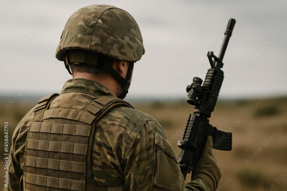 Fototapeta premium Soldier holding rifle outdoors.