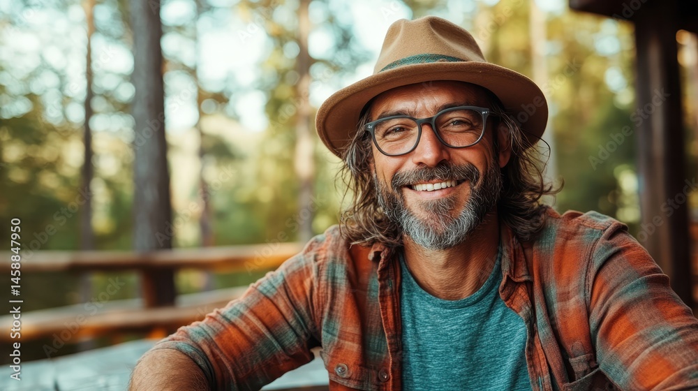 Obraz premium A joyful man with glasses and a hat smiles warmly while seated outdoors amidst tall trees, reflecting a sense of connection with nature and happiness in a serene setting.