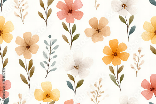 Wallpaper Mural Watercolor Floral Seamless Pattern Featuring Pastel Colored Flowers and Greenery on White Background Torontodigital.ca
