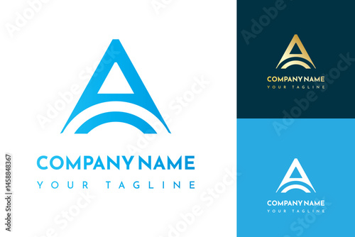 Modern Letter A Logo Design with Abstract Curve Element in Blue and Gold Variants for Branding and Corporate Identity
