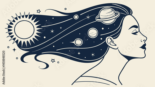 Vector of female head with flowing hair, featuring celestial elements like sun and planets, evokes sense