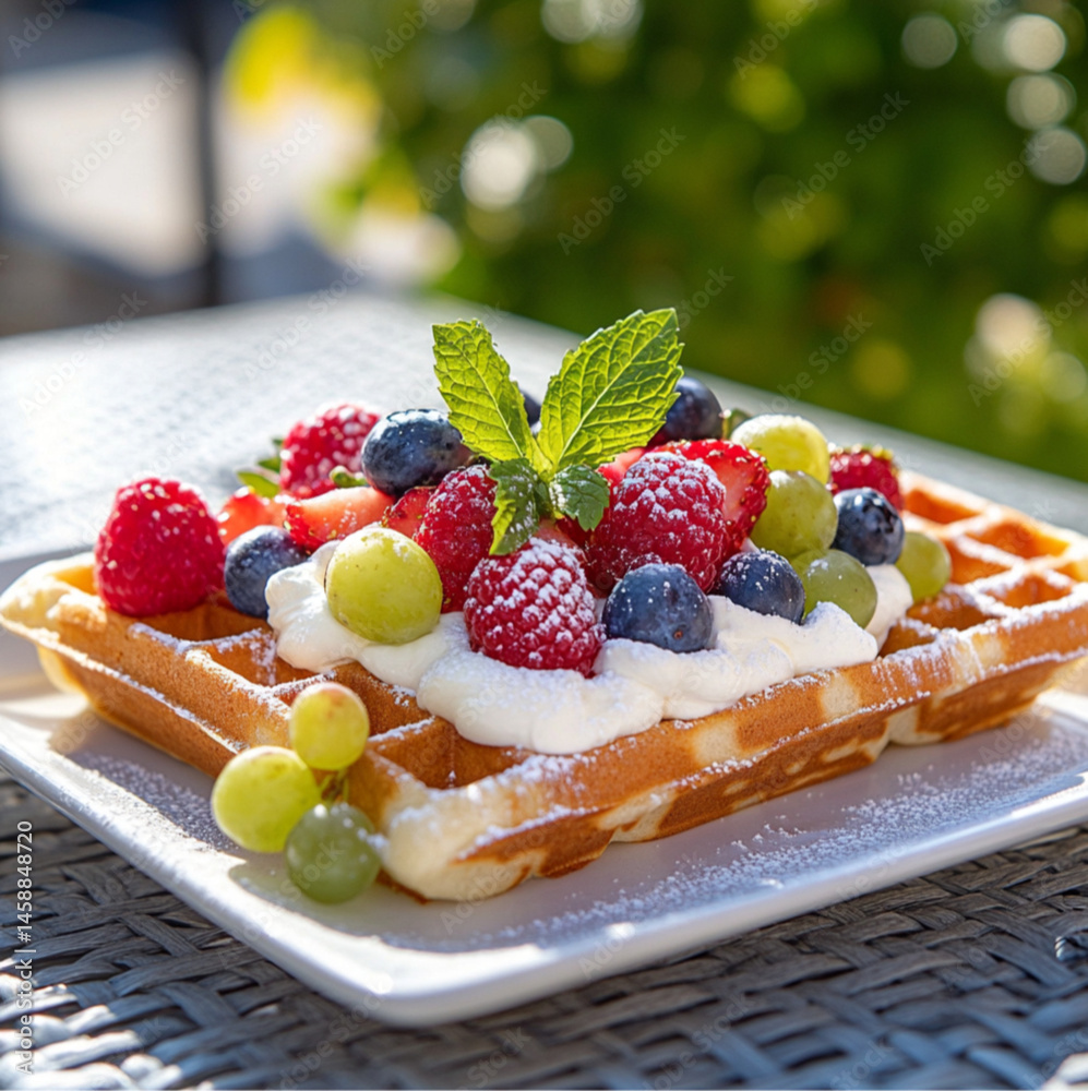 A square waffle with white cream and fruit, placed on an outdoor table at the summer park, On top of the waffle,strawberries, blueberries, grapes, and sliced peaches.