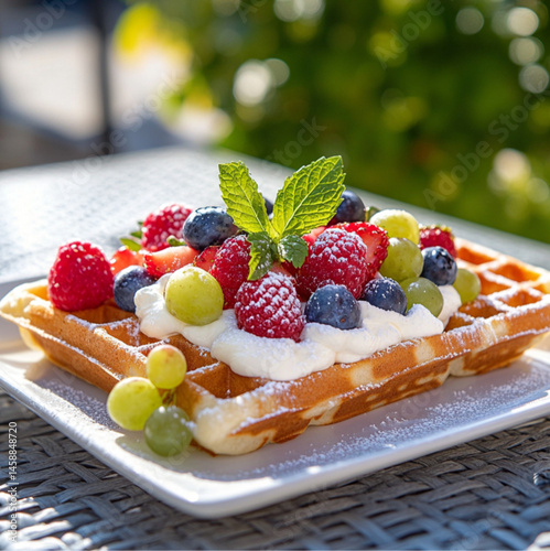 Obraz na płótnie A square waffle with white cream and fruit, placed on an outdoor table at the summer park, On top of the waffle,strawberries, blueberries, grapes, and sliced peaches. w salonie