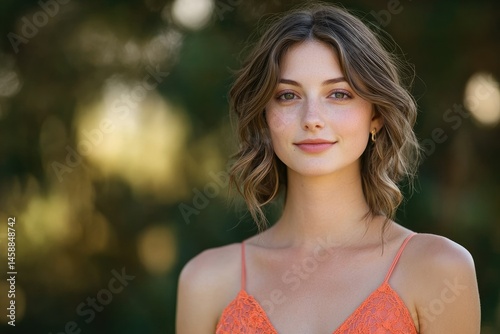 A young woman with light brown wavy hair smiles gently, wearing a coral camisole against a blurred green background.