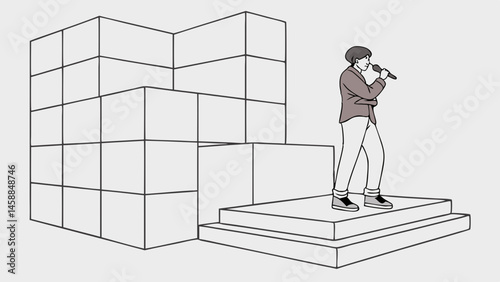 Vector performer stands stage, singing into microphone, surrounded by geometric shapes minimalist style, scene conveys energy