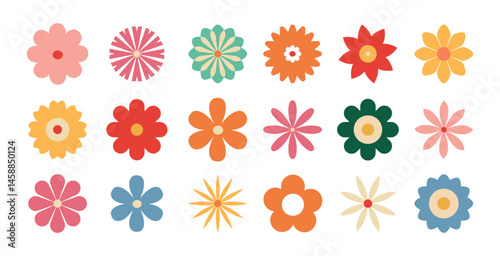 Bright spring and summer flowers. Geometric blossoms, petals, buds. Bloom. Icons, doodles, emblems. Groovy retro vibes. Vector illustration.