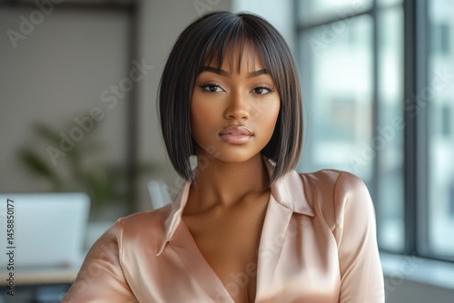 A young woman with a bob haircut and bangs, wearing a blush-colored satin shirt, looks directly at the camera. Free Download A young woman with a bob haircut and bangs, wearing a blush-colored satin shirt, looks directly at the camera. - GFXLoad