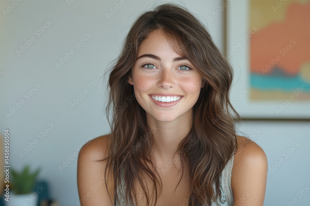 A young woman with long brown hair smiles brightly, showcasing her beautiful teeth and radiant complexion. A young woman with long brown hair smiles brightly, showcasing her beautiful teeth and radiant complexion.