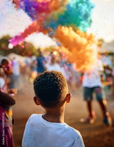 A young boy watches as bright colors burst into the air during a festive music event.