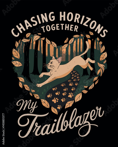 Cute cat exploring a forest, a heartwarming design for apparel.