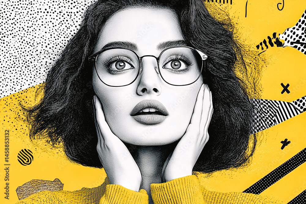 Portrait de jeune femme portant des lunettes et se tenant le visage dans les mains sur fond jaune