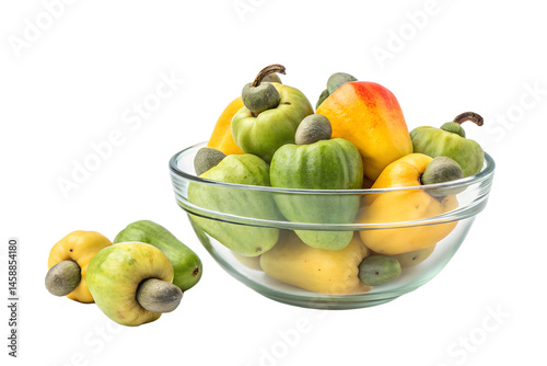 A glass bowl of Cashew apples png image .