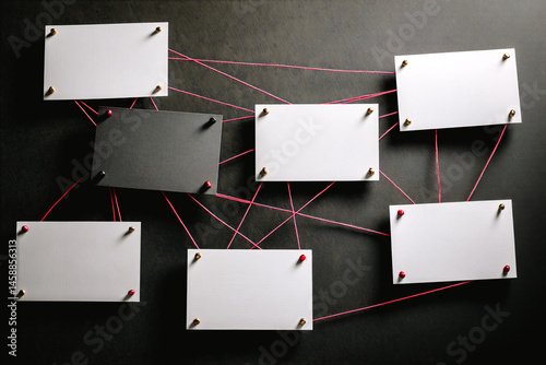 Carte vides punaisées au tableau avec ficelle rouge les reliant