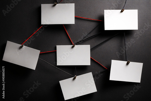 Carte vides punaisées au tableau avec ficelle rouge les reliant