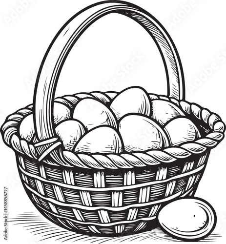 Egg basket, Chicken Eggs, Farm, Farming and Agriculture, Black and White Vector Illustration, Sketch Drawing Line Linear Symbol Icon Engraving, Hand-drawn Isolated