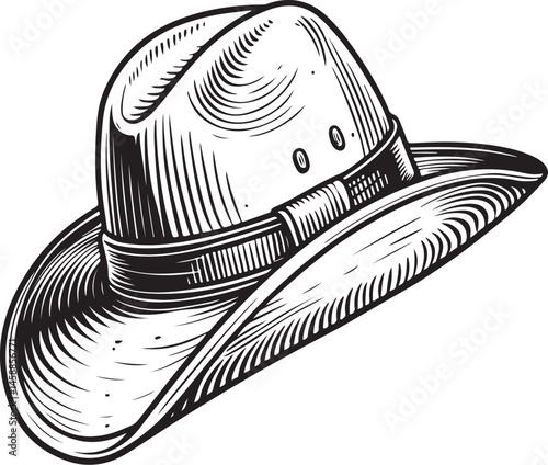 Farmer hat, Farm, Farming and Agriculture, Black and White Vector Illustration, Sketch Drawing Line Linear Symbol Icon Engraving, Hand-drawn Isolated