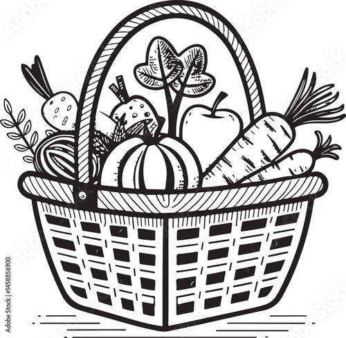 Vegetable basket, Farm, Farming and Agriculture, Black and White Vector Illustration, Sketch Drawing Line Linear Symbol Icon Engraving, Hand-drawn Isolated
