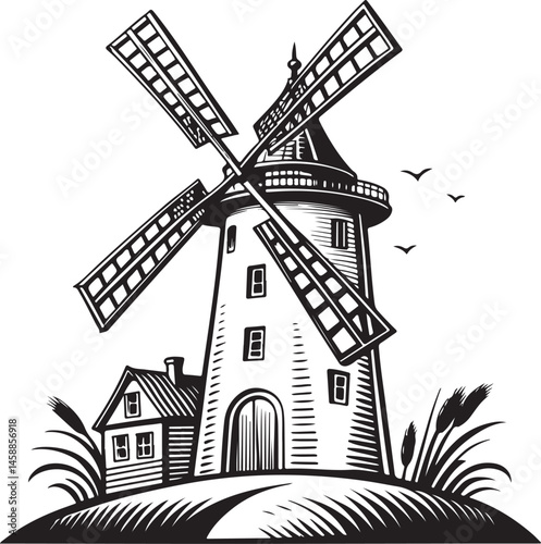 Windmill Farm, Farming and Agriculture, Black and White Vector Illustration, Sketch Drawing Line Linear Symbol Icon Engraving, Hand-drawn Isolated