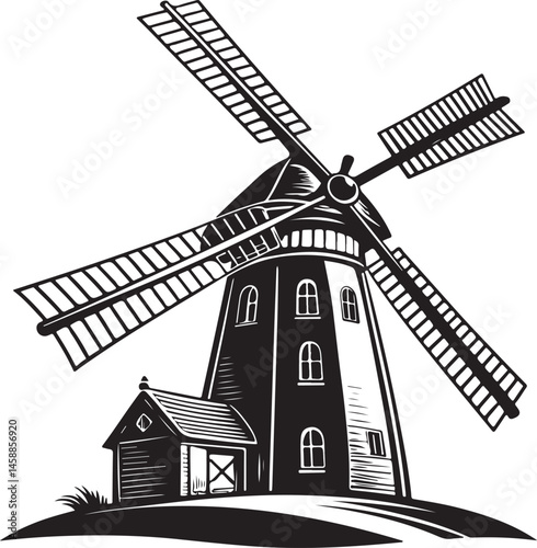 Windmill Farm, Farming and Agriculture, Black and White Vector Illustration, Sketch Drawing Line Linear Symbol Icon Engraving, Hand-drawn Isolated