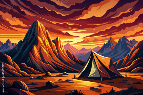 Glowing orange camping tent set against rugged mountain terrain under a dramatic evening sky, symbolizing outdoor adventure, solitude, and wilderness exploration. Ideal for travel, camping, and nature