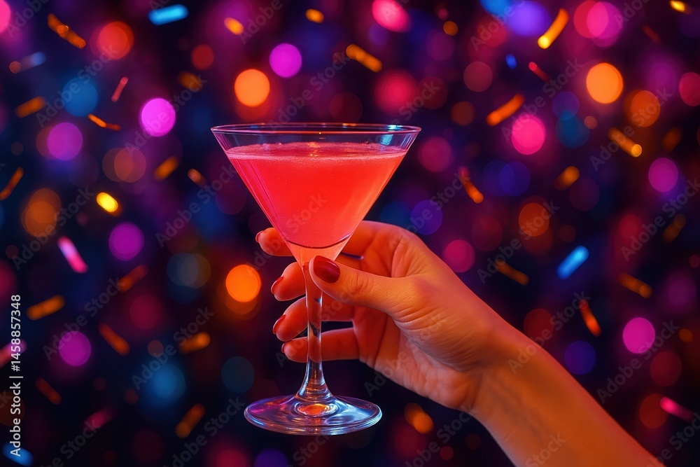Woman holding cosmopolitan cocktail at party with colorful bokeh and confetti