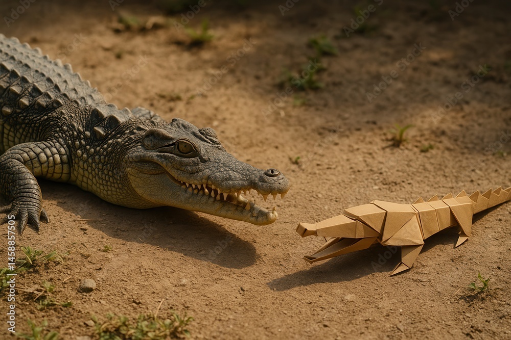 Real crocodile looking at an origami crocodile on sand