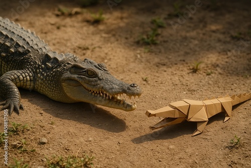 Obraz na płótnie Real crocodile looking at an origami crocodile on sand w salonie