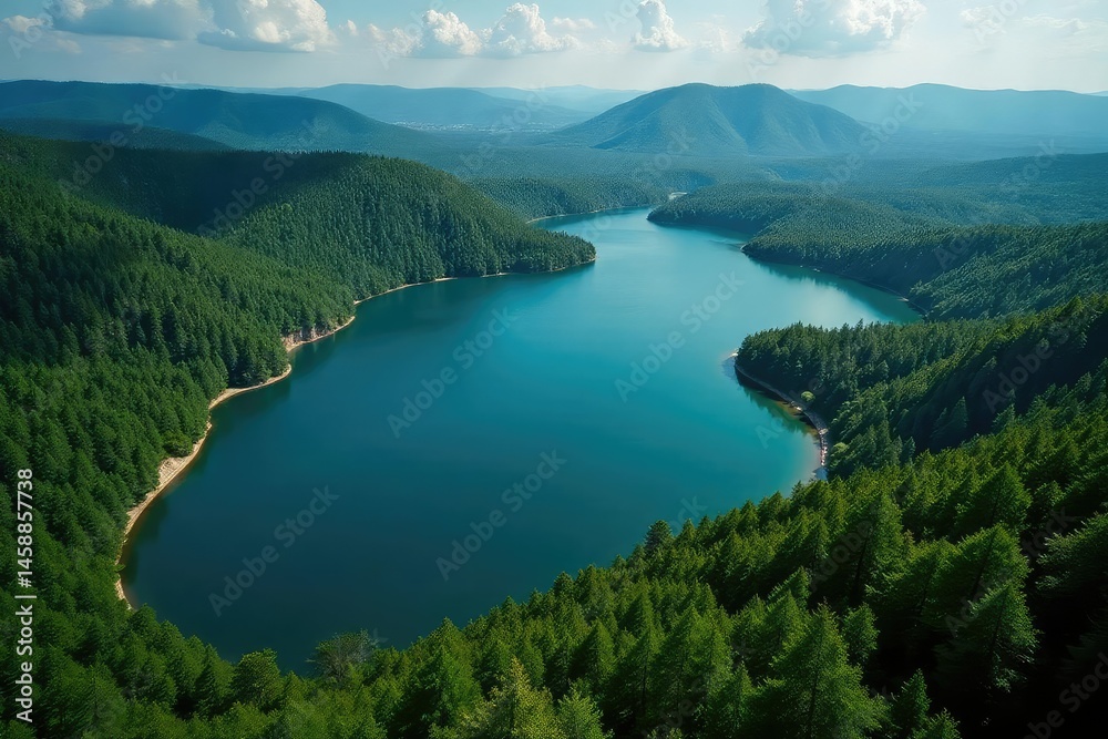 Obraz premium Irregular shaped lake with meandering shoreline, dense forest, dimension, dark