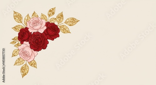 Delicate floral corner design with roses and gold leaves.