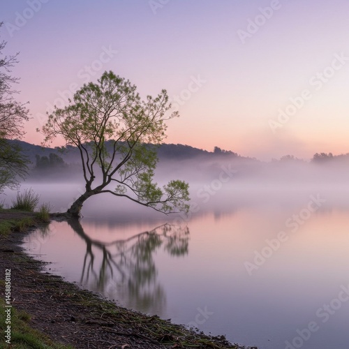 Solitary Weeping Willow Tree Reflected in Misty Lake at Sunrise