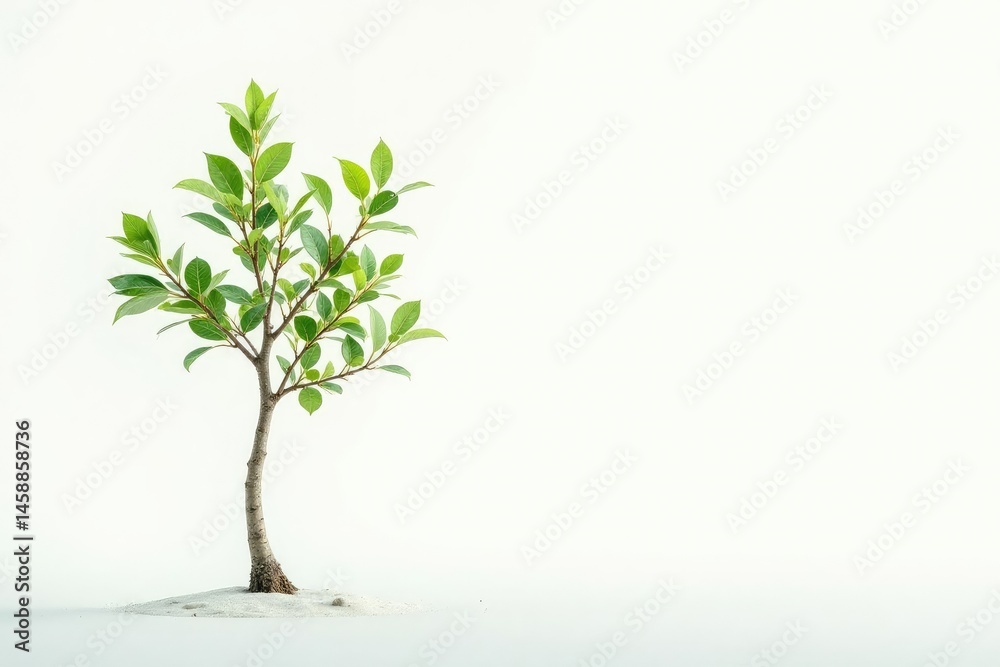 Fototapeta premium Lone sapling, delicate leaves, stark white backdrop, seedling, summer, single