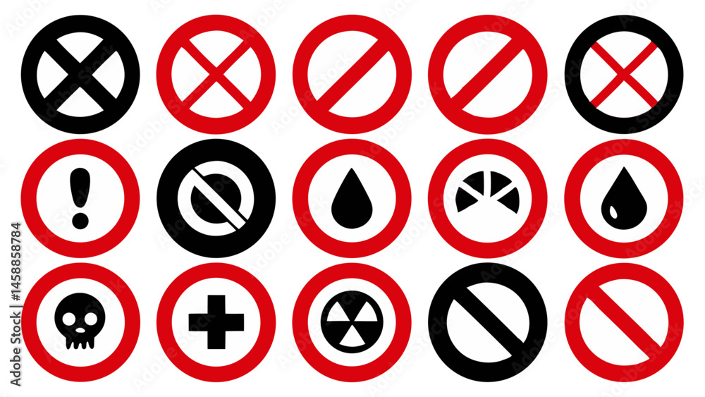 Prohibition and warning signs in red color designed for safety hazard prevention ideal for industrial workspaces factories and construction site notifications