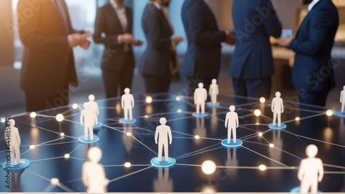 Business Networking Concept with Connected People Icons, Generative AI. This image depicts a business networking concept with connected people icons overlaid on a blurred background of professionals. 