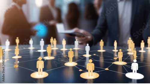 Business Networking Concept with Connected People Icons, Generative AI. This image depicts a business networking concept with connected people icons overlaid on a blurred background of professionals. 